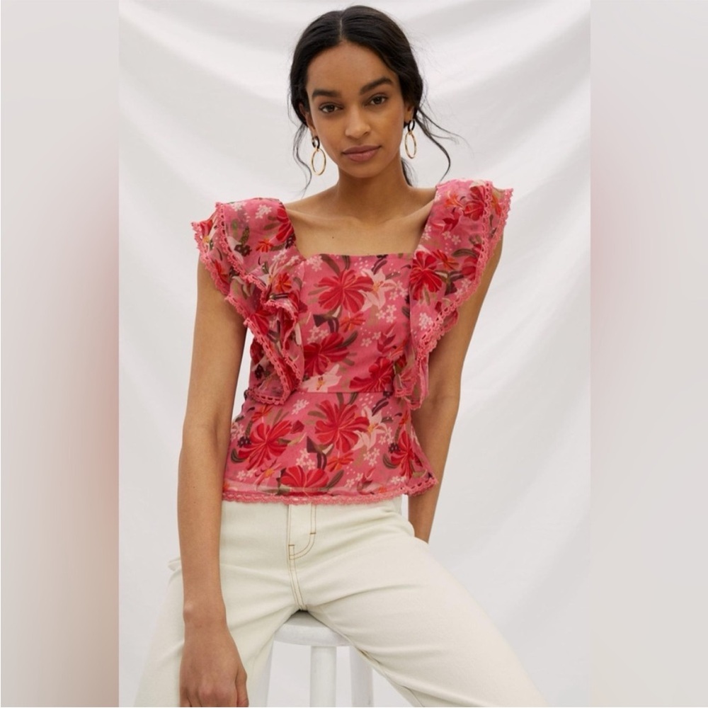 FARM Rio Pink Red Floral Ruffle Square-Neck Blouse - Picture 3 of 15